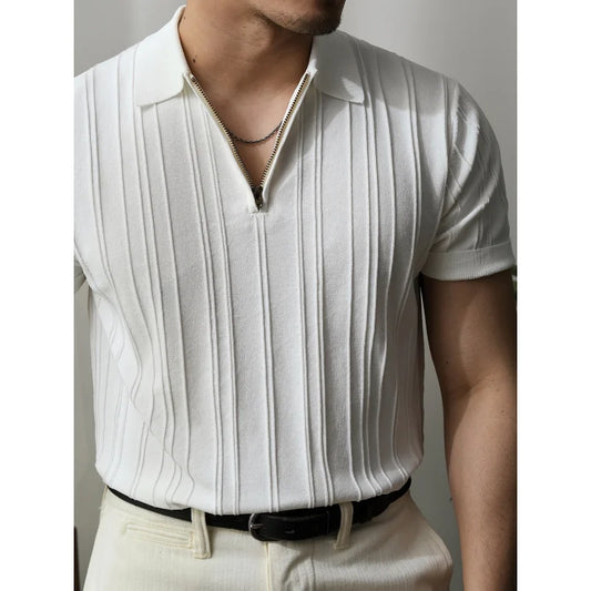 Men's Solid Zipper Knitted Polo Shirt with Lapel