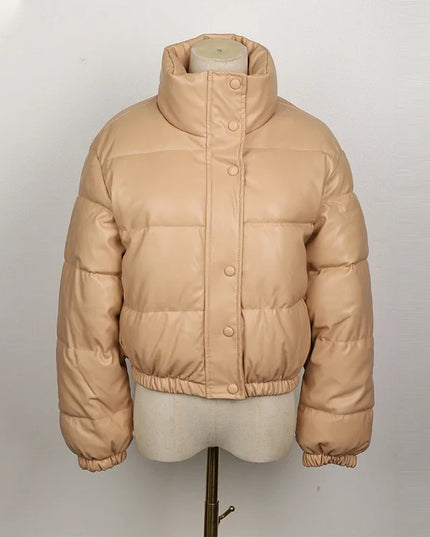 Women's Short PU Leather Parka -  Cotton Padded Down Jacket