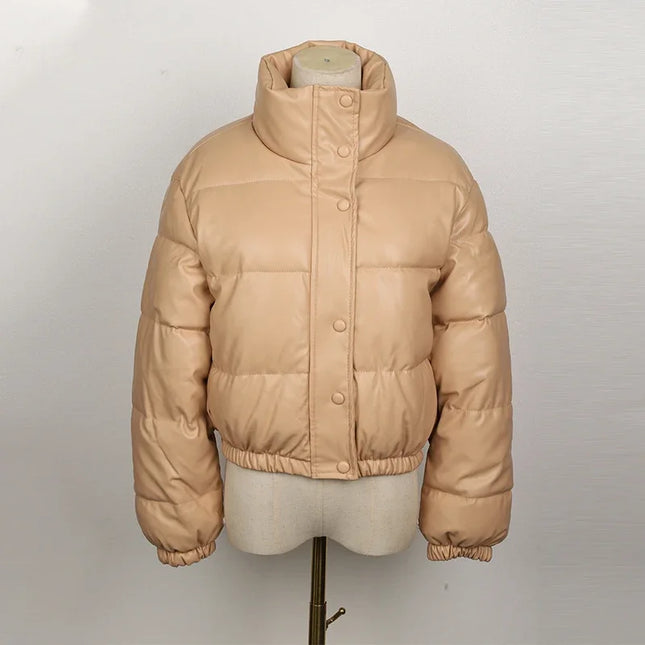 Women's Short PU Leather Parka -  Cotton Padded Down Jacket