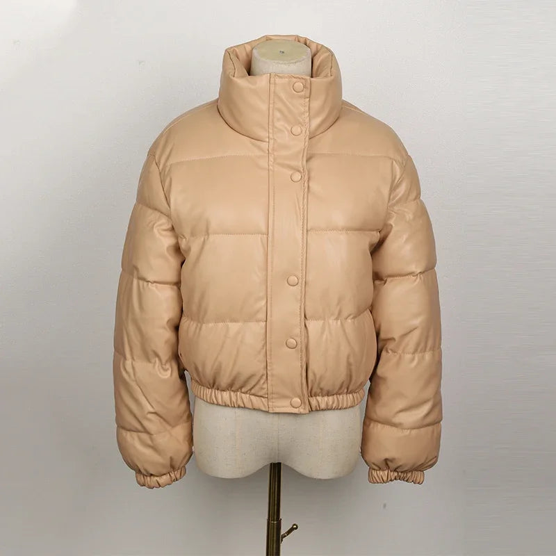 Women's Short PU Leather Parka -  Cotton Padded Down Jacket