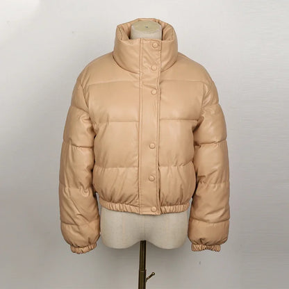 Women's Short PU Leather Parka -  Cotton Padded Down Jacket