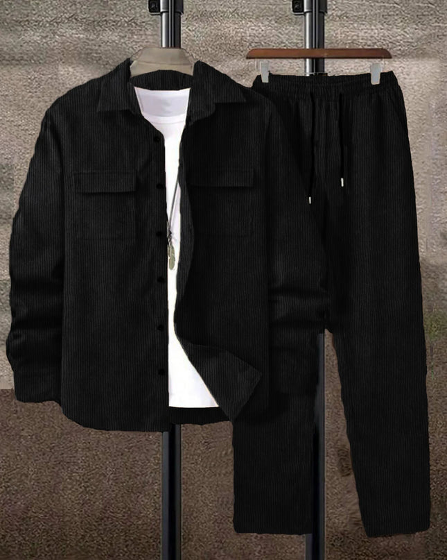 Men's Corduroy 2-Piece Shirt and Pants Set - Long Sleeve Button-Front Casual Outfit for Men