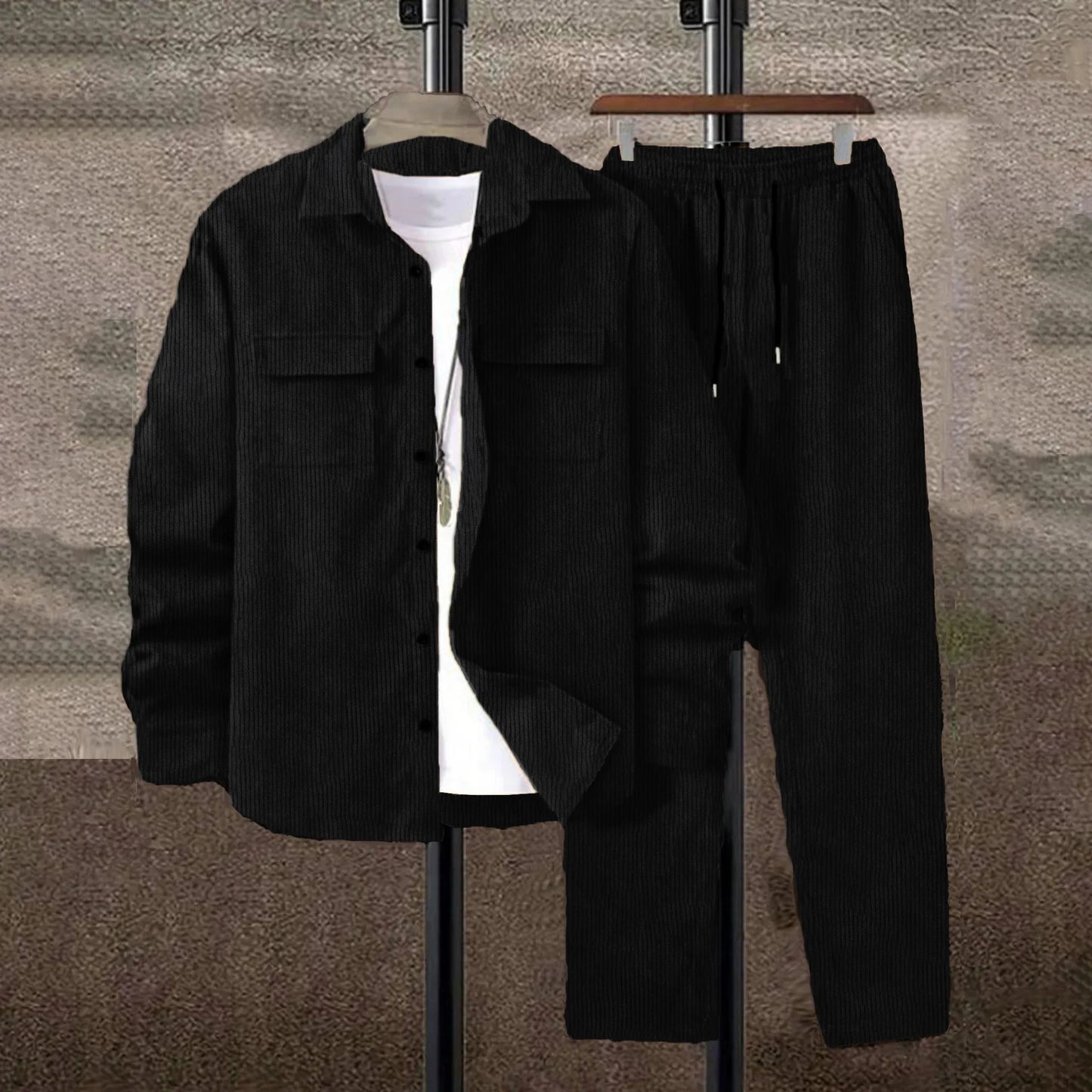 Men's Corduroy 2-Piece Shirt and Pants Set - Long Sleeve Button-Front Casual Outfit for Men
