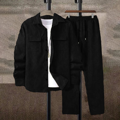 Men's Corduroy 2-Piece Shirt and Pants Set - Long Sleeve Button-Front Casual Outfit for Men
