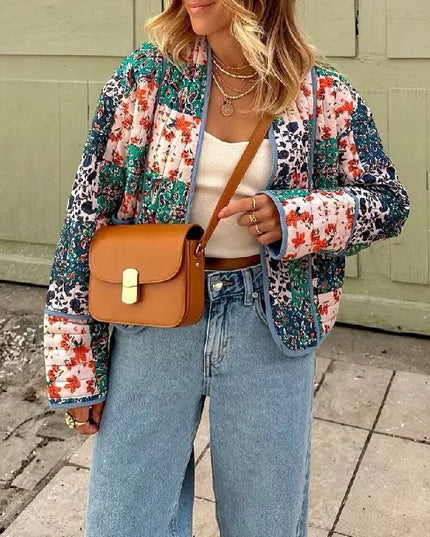 Women's Floral Print Quilted Loose Fit Jacket with Front Pockets
