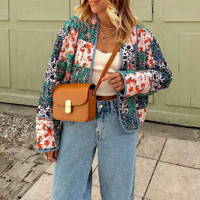 Women's Floral Print Quilted Loose Fit Jacket with Front Pockets