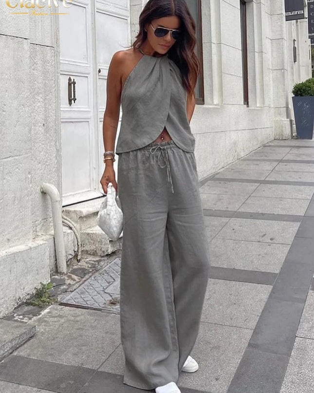 Women's Cotton Two-Piece Halter Sleeveless Tank Top & High-Waisted Wide-Leg Pants Set