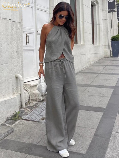Women's Cotton Two-Piece Halter Sleeveless Tank Top & High-Waisted Wide-Leg Pants Set