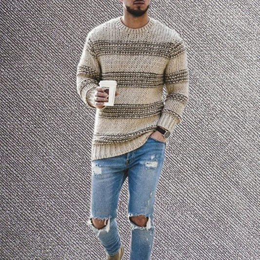 Men's Slim Fit Striped Knitted Sweater - Long Sleeve Round Neck Style
