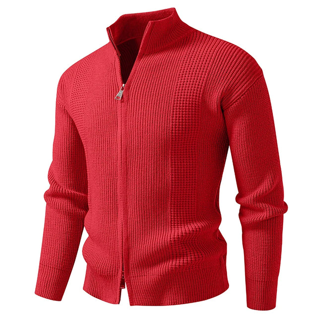 Men's Slim Knit Sweater Jacket with Stand Collar and Zipper