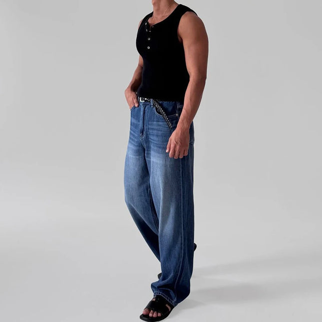 Men's Slim Fit Elastic Breathable Crew Neck Button Ribbed Vest