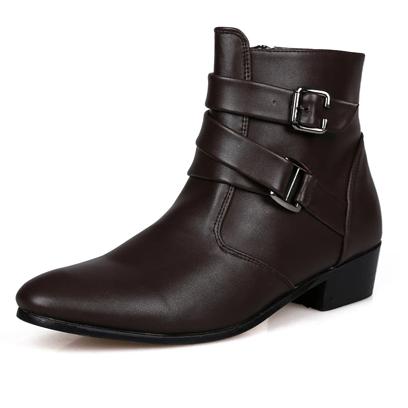 Men's Leather Chelsea Boots - Casual High-Top with Buckle Strap