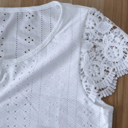 Women's Lace Patch Button-Up V-Neck Short Sleeve Blouse