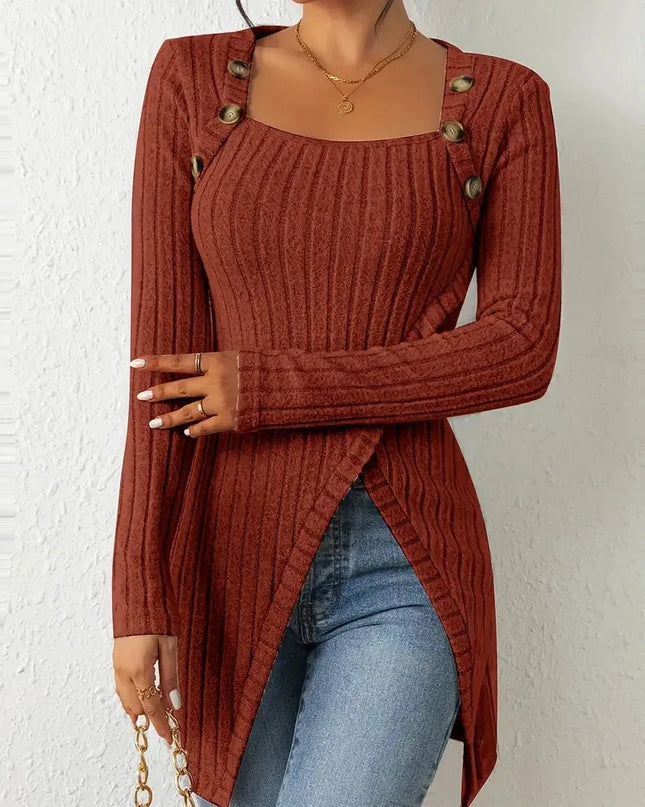 Women's Asymmetrical Hem Ribbed Casual Tunic with Button Detail