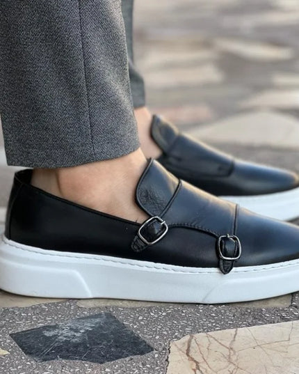 Men's Faux Leather Slip-On Shoes with Double Buckle
