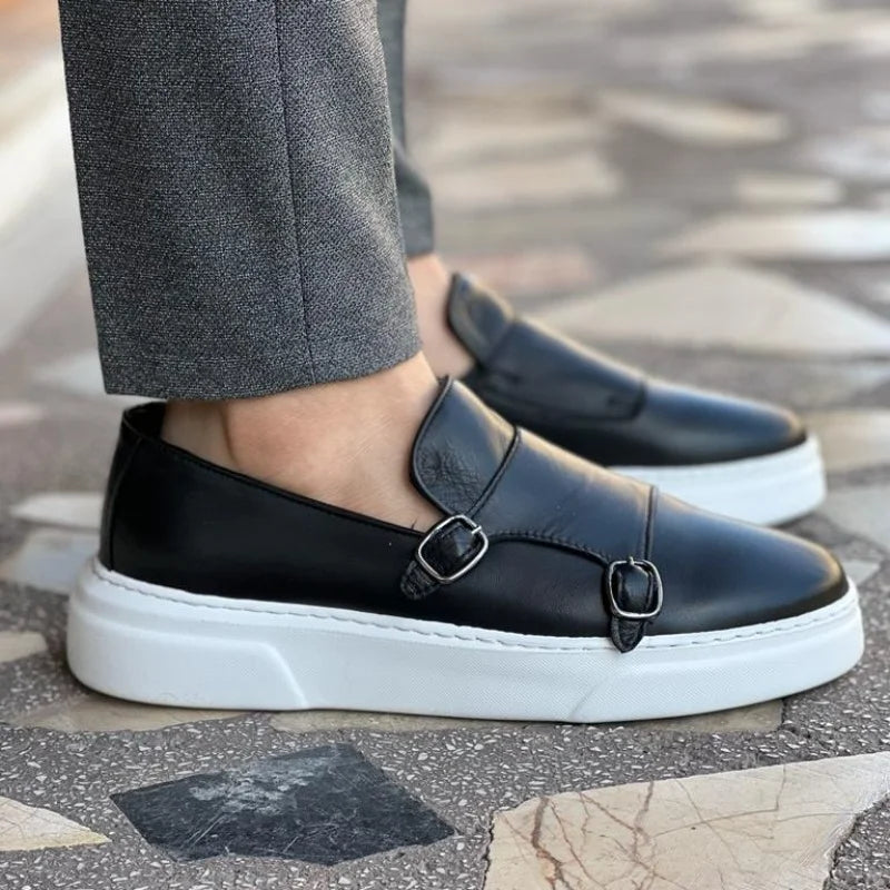 Men's Faux Leather Slip-On Shoes with Double Buckle