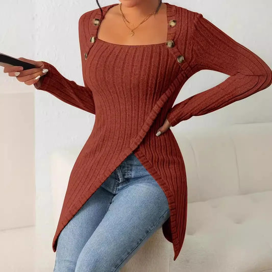 Women's Asymmetrical Hem Ribbed Casual Tunic with Button Detail