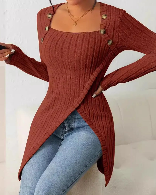 Women's Asymmetrical Hem Ribbed Casual Tunic with Button Detail
