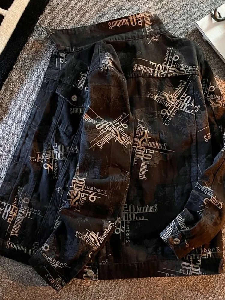 Men's Letter Graffiti Denim Style Jacket – Stylish Streetwear Outerwear for Men