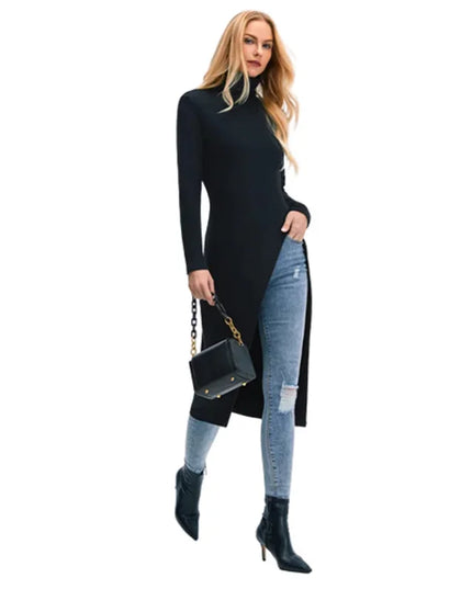 Women's Skinny Fit High-Neck Sweater Dress with Side Slits