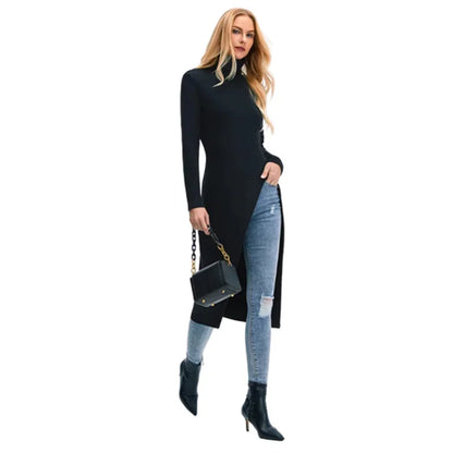 Women's Skinny Fit High-Neck Sweater Dress with Side Slits