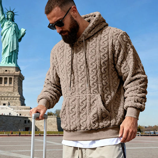 Men's Vintage Jacquard Textured Fleece Hoodie with Hood