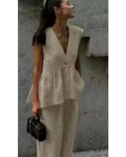 Women's 2-Piece V-Neck Backless Halter Lace-Up Vest with Straight Pants