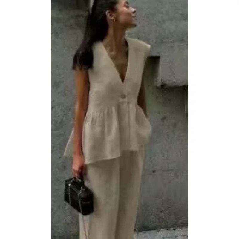 Women's 2-Piece V-Neck Backless Halter Lace-Up Vest with Straight Pants