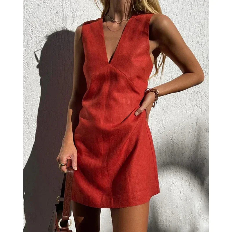Women's Elegant Sleeveless V-Neck Linen Dress - Various Colors