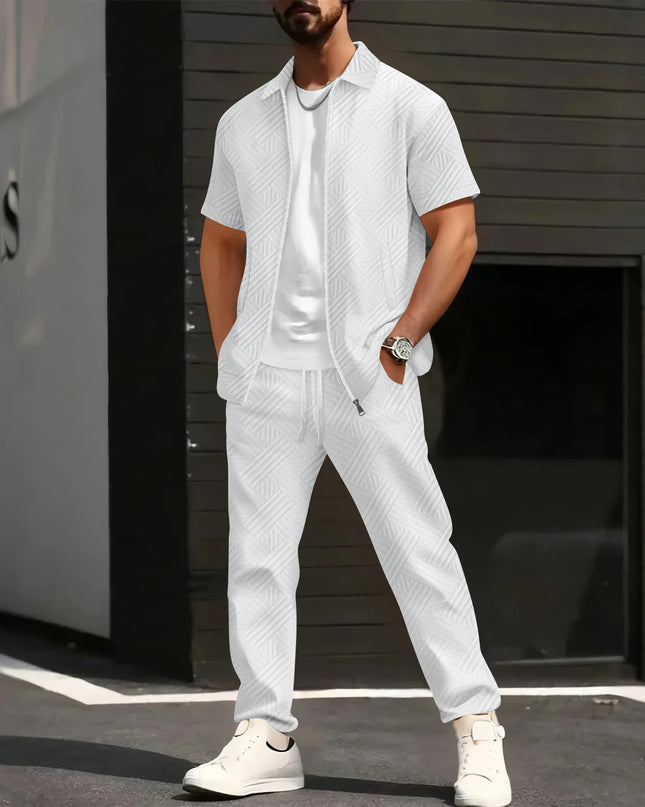 Men's Jacquard 2-Piece Short Sleeve Shirt and Pants Set with Turn-Down Collar and Zip Closure