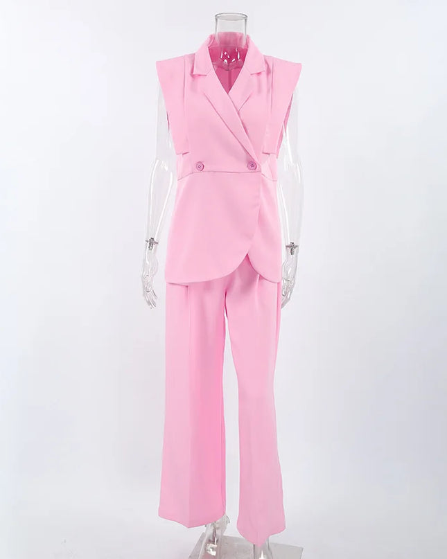 Women's Two-Piece Waistcoat and Wide-Leg Pants Set - Sleeveless Lapel Blazer Vest with Two Buttons