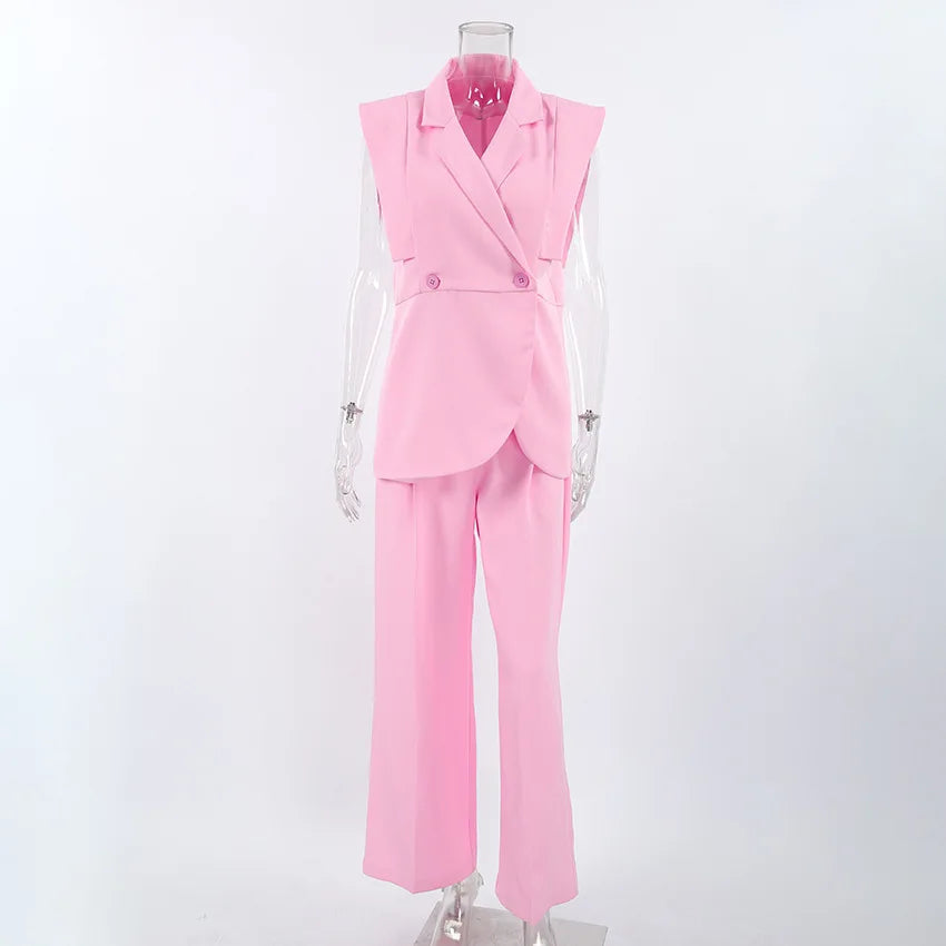 Women's Two-Piece Waistcoat and Wide-Leg Pants Set - Sleeveless Lapel Blazer Vest with Two Buttons