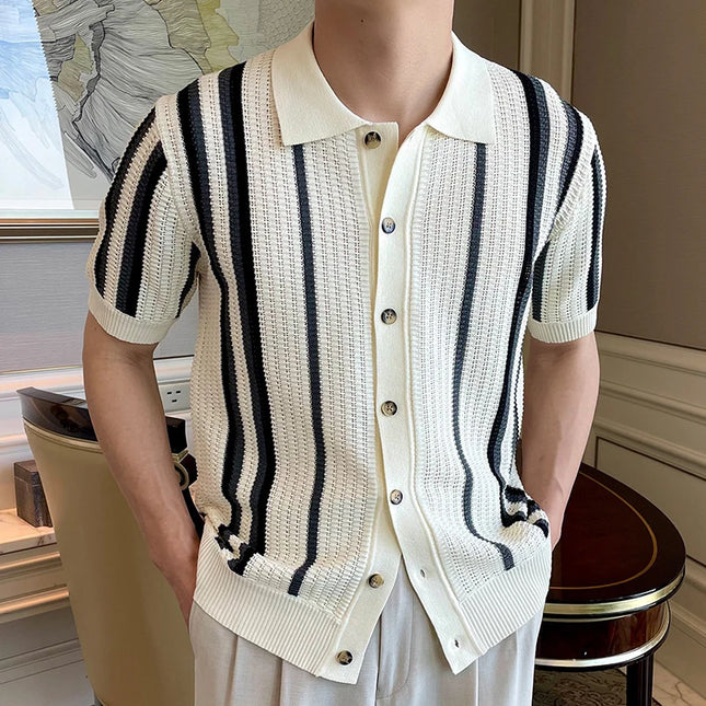 Men's Retro Style Striped Knit Polo Shirt - Casual Classic