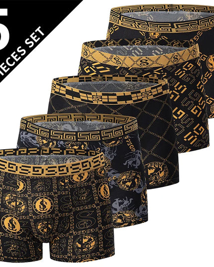 Men's Black Gold Printed Boxer Underwear - Comfortable & Versatile (5-Pack or 10-Pack)