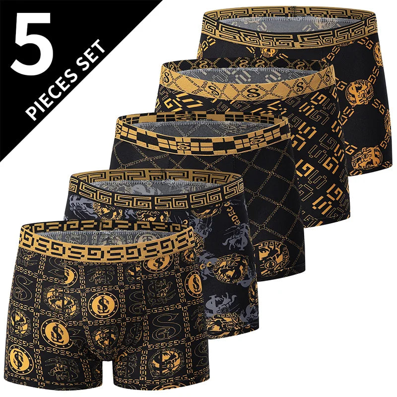 Men's Black Gold Printed Boxer Underwear - Comfortable & Versatile (5-Pack or 10-Pack)