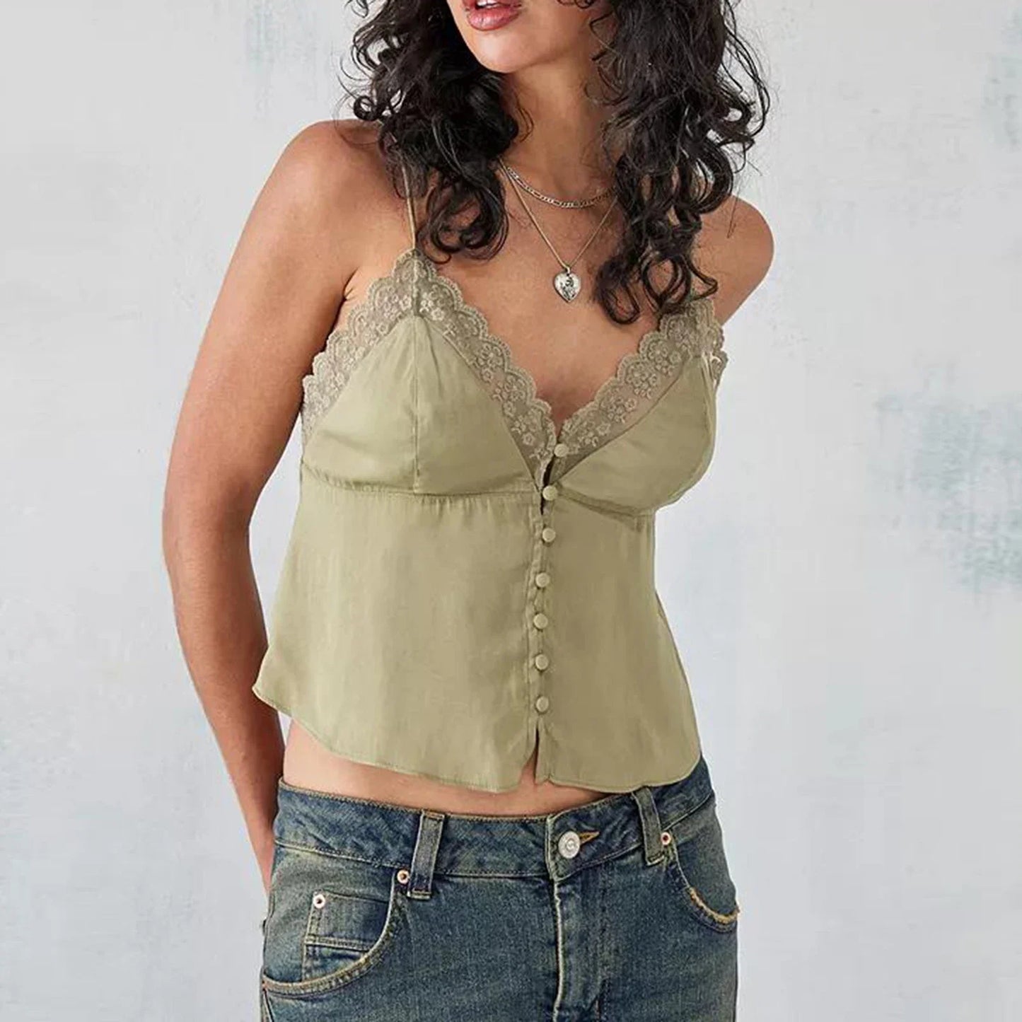 Women's Vintage V-Neck Camisoles with Spaghetti Straps & Button-Down Design