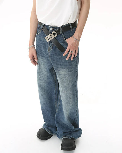 EFB Men's Gradient Washed Straight Leg Denim Pants with Metal Ring Design