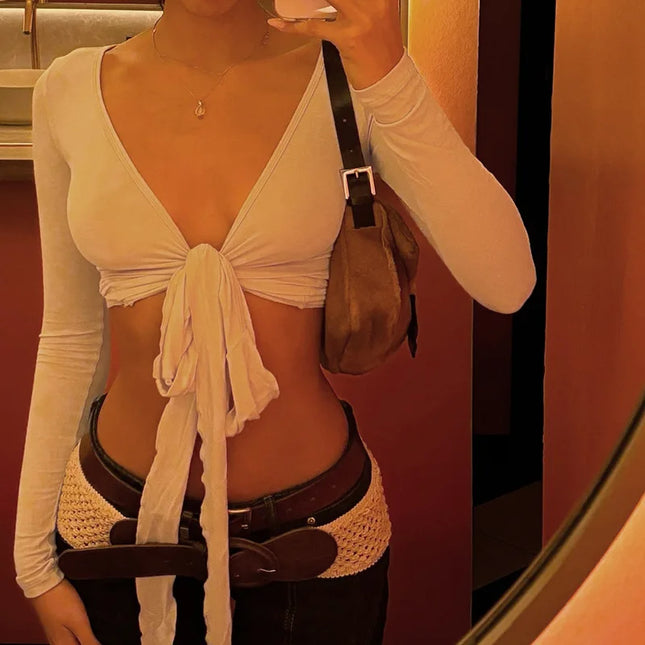 Slim Lace-Up V-Neck Crop Top with Long Sleeves