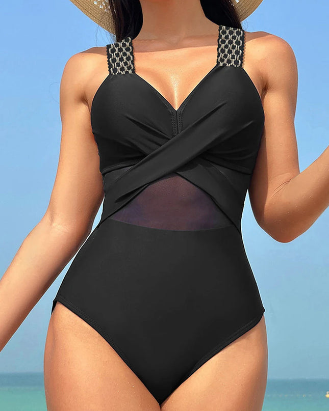Women’s One Piece Mesh Ruched Swimwear with Ring Link Design