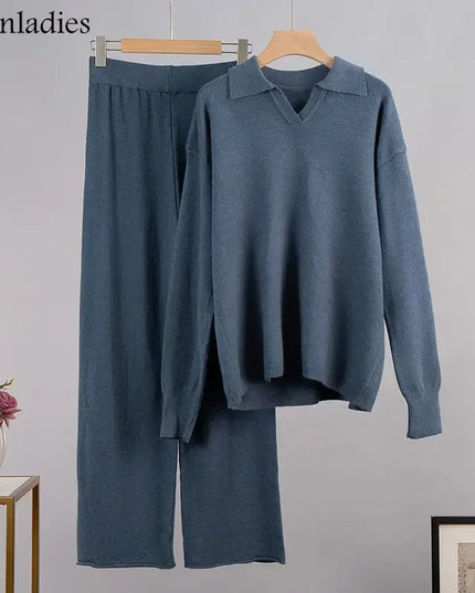 Women's Thick Knitted 2 Piece Set: Soft Polo Neck Sweater & Wide Leg Pants