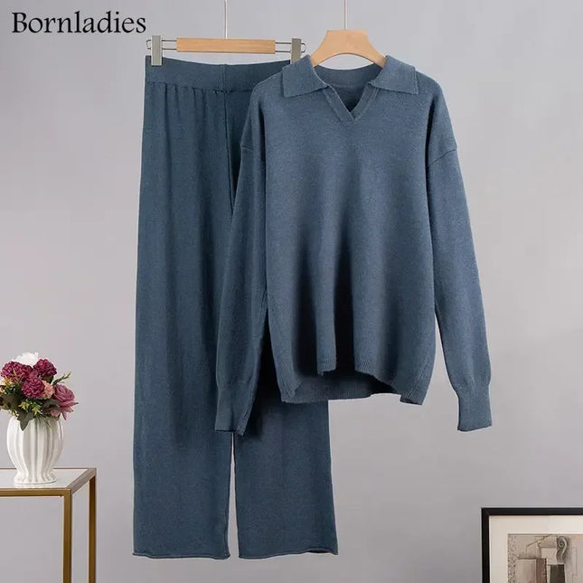 Women's Thick Knitted 2 Piece Set: Soft Polo Neck Sweater & Wide Leg Pants