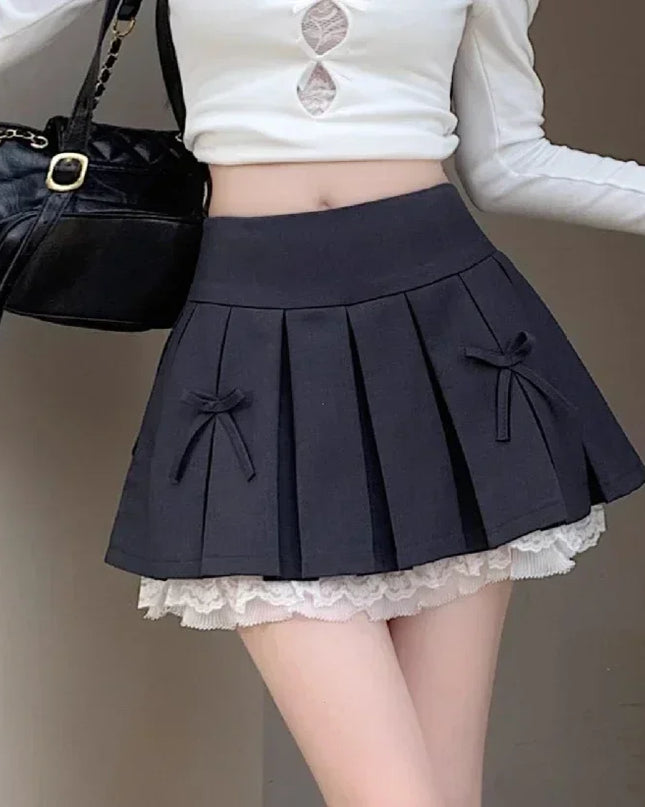 High Waist Pleated Mini Skirt for Women - Lace Preppy Bow Skirt