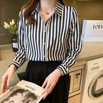 Women's Long Sleeve Black and White Striped Shirt