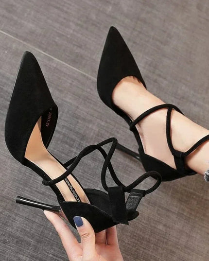 Women's Suede High Heels Roman Sandals with Cross Strap & Buckle Closure
