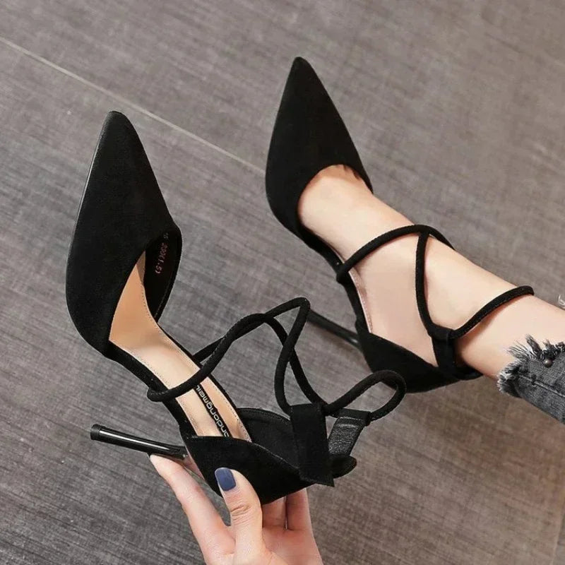 Women's Suede High Heels Roman Sandals with Cross Strap & Buckle Closure
