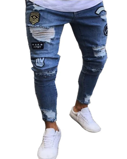 Men's Skinny Slim Fit Ripped Denim Jeans with Stretch, Hole & Patchwork Design