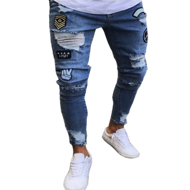 Men's Skinny Slim Fit Ripped Denim Jeans with Stretch, Hole & Patchwork Design