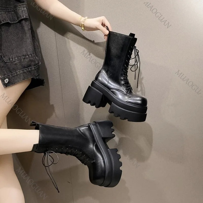 Women's Faux Leather Platform Boots - Mid-Calf Lace-Up Chunky High Heel Boots