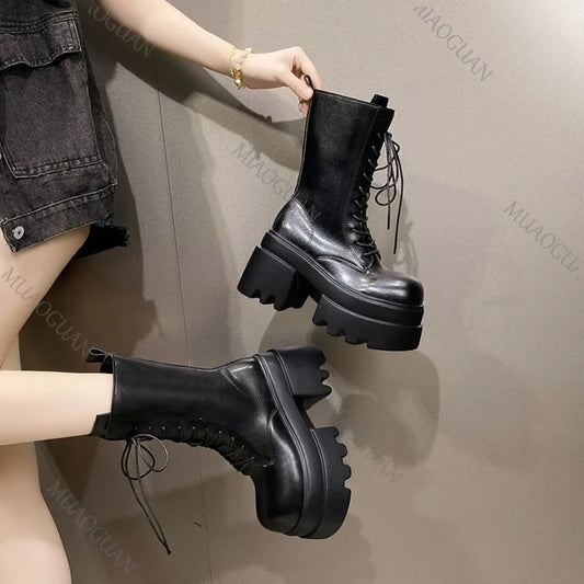 Women's Faux Leather Platform Boots - Mid-Calf Lace-Up Chunky High Heel Boots