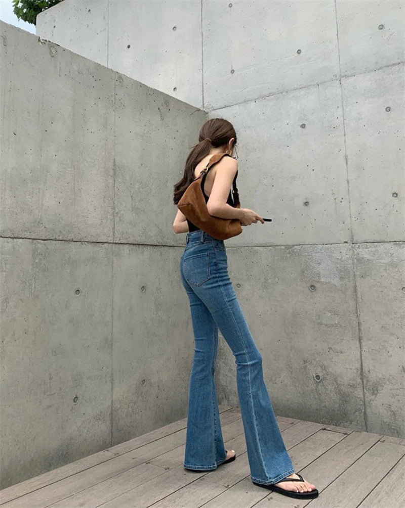 Women's High-Waisted Retro Micro Flared Jeans – Slim Fit with Wide Legs